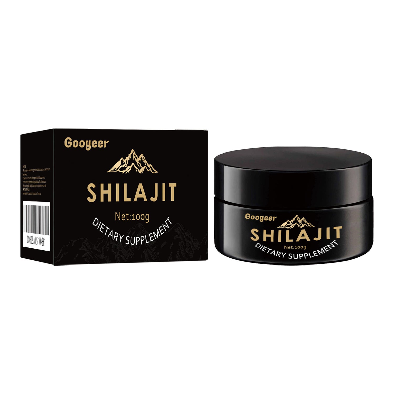 Embalagem preta e frasco do Googeer Shilajit Dietary Supplement Body Care Solution, suplementos premium naturais para energia, vitalidade e saúde cognitiva.