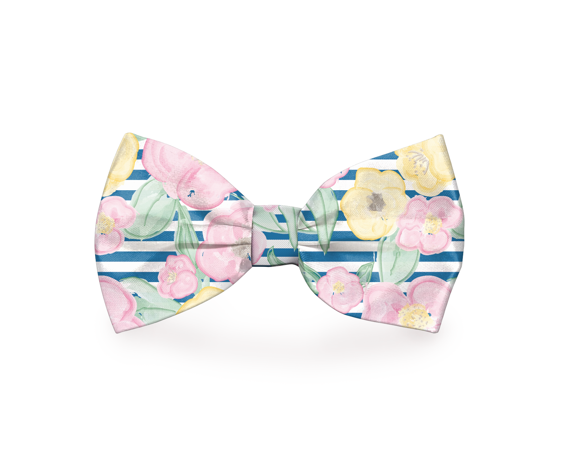 Preppy Pet Floral Dog Bow Tie com padrão de flores rosas, amarelas e folhas verdes sobre faixas azuis e brancas, estilo preppy elegante para animais, complementando suplementos premium naturais para energia, vitalidade e saúde cognitiva.