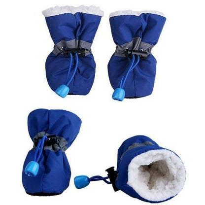 Conjunto Dogs Winter Warm Shoes 4 PCS Set em azul, botas térmicas para cães com interior acolchoado para isolamento, conforto e proteção contra frio intenso.