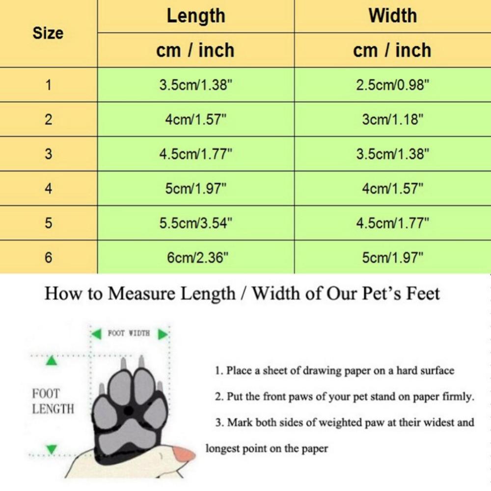 Tabela de tamanhos para Dogs Winter Warm Shoes 4 PCS Set com instruções para medir o comprimento e a largura das patas do animal, destacando suplementos premium naturais para energia, vitalidade e saúde cognitiva.