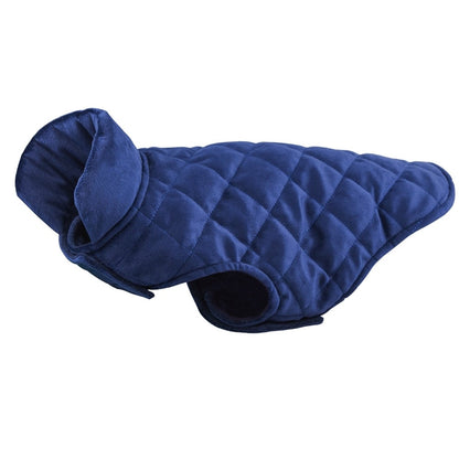 Dogs Winter Warm Vest azul acolchoado com tecido macio, ideal para aquecer cães no inverno, combinando conforto e proteção para o bem-estar natural dos animais.