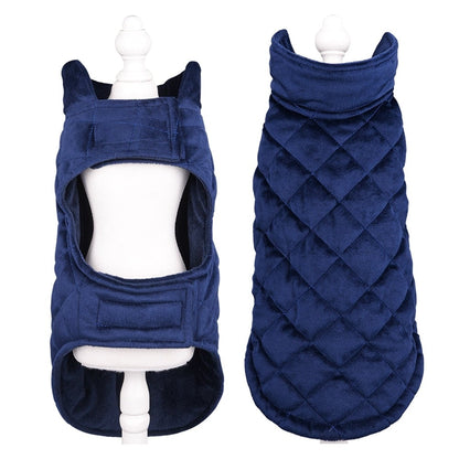 Dogs Winter Warm Vest azul escuro em material acolchoado, ideal para proteger cães no inverno com conforto e estilo, oferecendo bem-estar natural e vitalidade.
