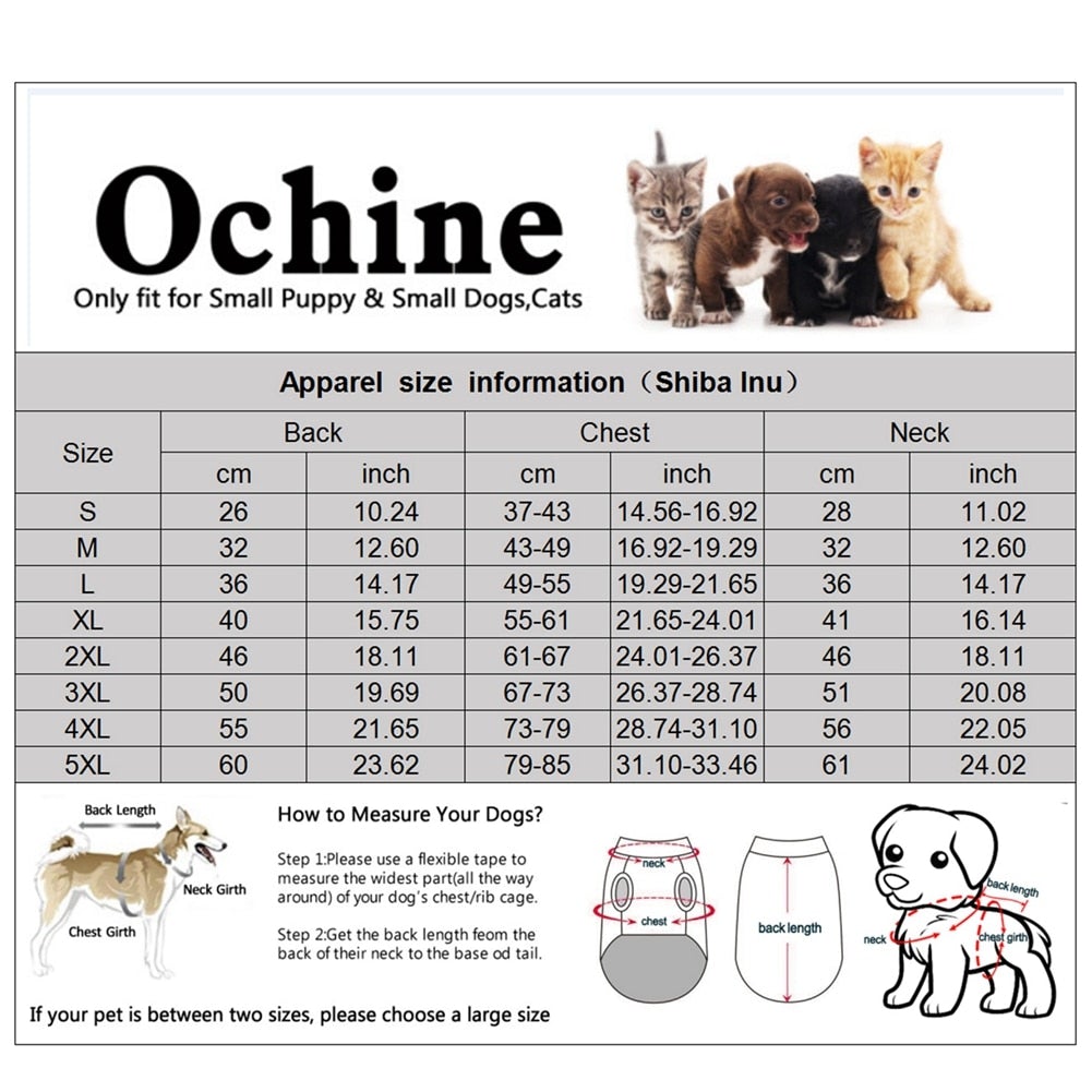 Tabela de tamanhos para Dogs Winter Warm Vest com medidas detalhadas de costas, peito e pescoço para cães pequenos e gatos, incluindo instruções para medição correta.