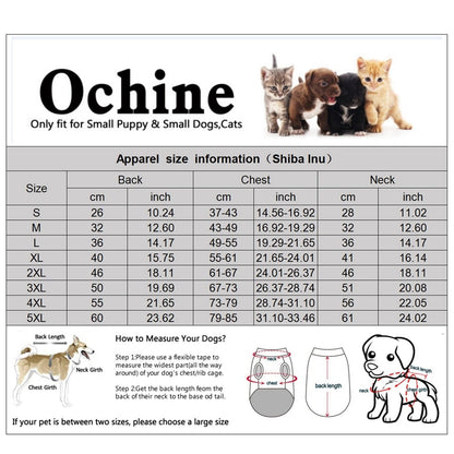 Tabela de tamanhos para Dogs Winter Warm Vest com medidas detalhadas de costas, peito e pescoço para cães pequenos e gatos, incluindo instruções para medição correta.