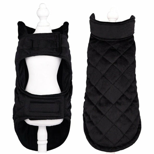 Vest Dogs Winter Warm Vest preto acolchoado, ideal para manter o seu cão confortável e aquecido durante o inverno, combinando estilo e proteção eficaz.