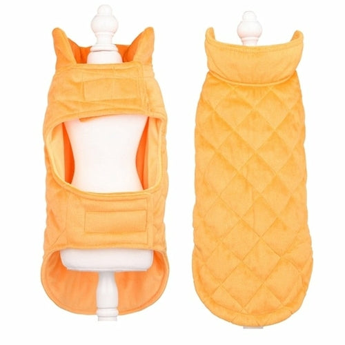 Colete acolchoado laranja para cães, modelo Dogs Winter Warm Vest, projetado para proporcionar conforto e proteção térmica, ideal para o inverno.