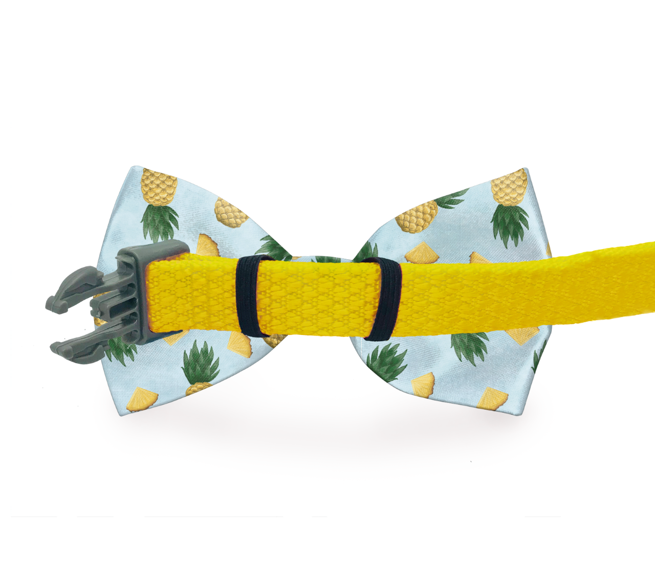 Preppy Pet Floral Dog Bow Tie com padrão de abacaxis e alça amarela, combina charme e conforto para o seu pet com estilo único e natural.